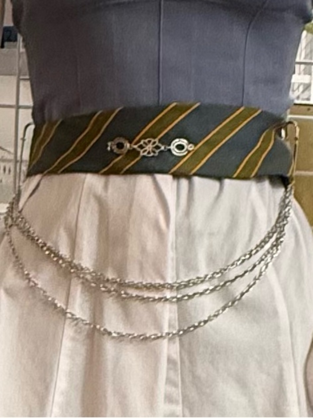 Handcrafted Re-Styled Vintage NeckTie Belt Embellished w/Chains & Pins Edgy